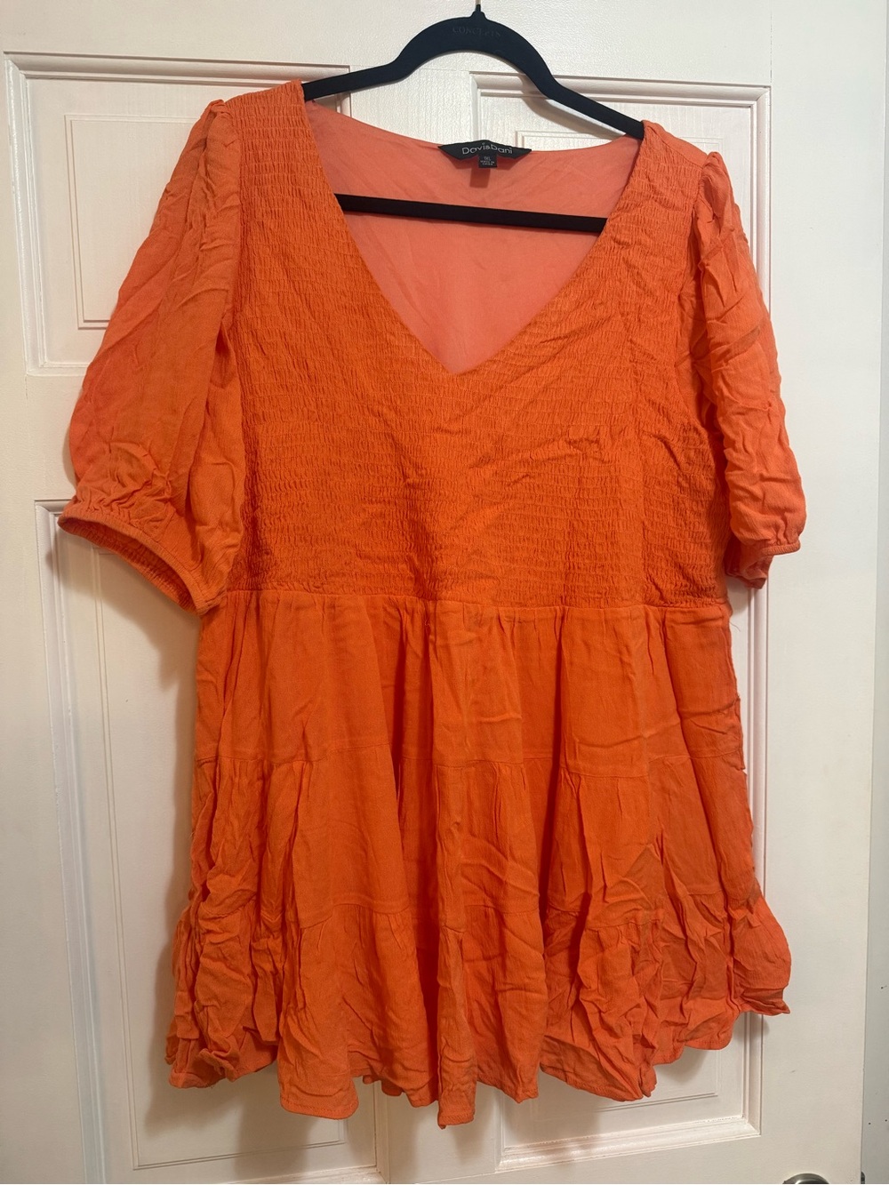 DAVI & DANI Bright Orange Smocked V-Neck Textured Babydoll Top 1X